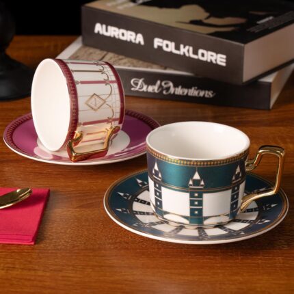 KAMMAK Tea Cups and Saucers Set of 2, Porcelain Coffee Cups, Stackable Espresso Mugs, Ceramic Demitasse for Coffee, Latte, Americano, Tea, Pink + London