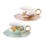 KAMMAK Tea Cups and Saucers Set of 2, Porcelain Coffee Cups, Stackable Espresso Mugs, Ceramic Demitasse for Coffee, Latte, Americano, Tea, Gradient - Pink + Blue