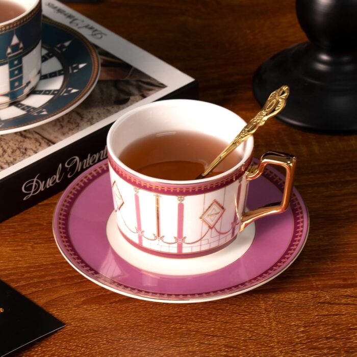 KAMMAK Tea Cups and Saucers Set of 2, Porcelain Coffee Cups, Stackable Espresso Mugs, Ceramic Demitasse for Coffee, Latte, Americano, Tea, Pink + London