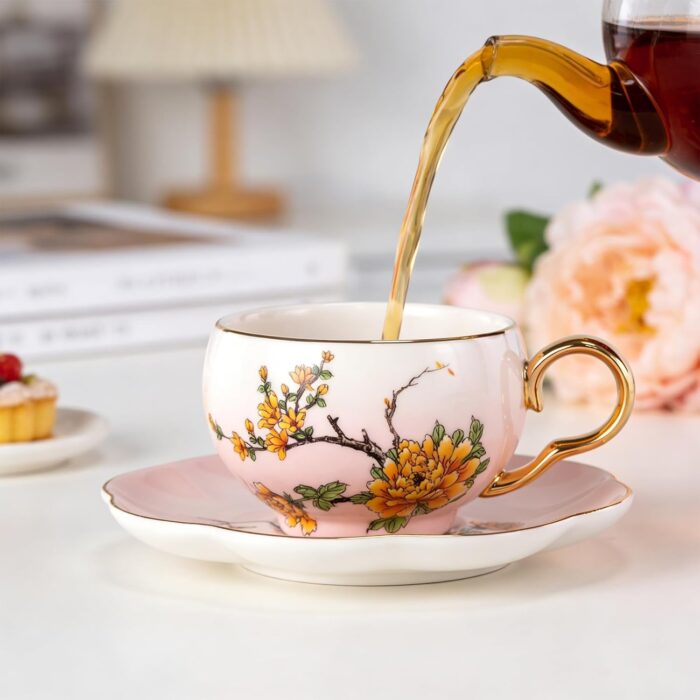 KAMMAK Tea Cups and Saucers Set of 2, Porcelain Coffee Cups, Stackable Espresso Mugs, Ceramic Demitasse for Coffee, Latte, Americano, Tea, Gradient - Pink + Blue