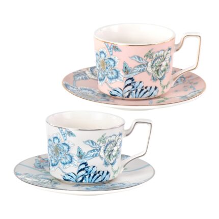 KAMMAK Tea Cups and Saucers Set of 2, Porcelain Coffee Cups, Stackable Espresso Mugs, Ceramic Demitasse for Coffee, Latte, Americano, Tea, Golden Pink + Platinum Blue