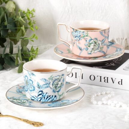 KAMMAK Tea Cups and Saucers Set of 2, Porcelain Coffee Cups, Stackable Espresso Mugs, Ceramic Demitasse for Coffee, Latte, Americano, Tea, Golden Pink + Platinum Blue