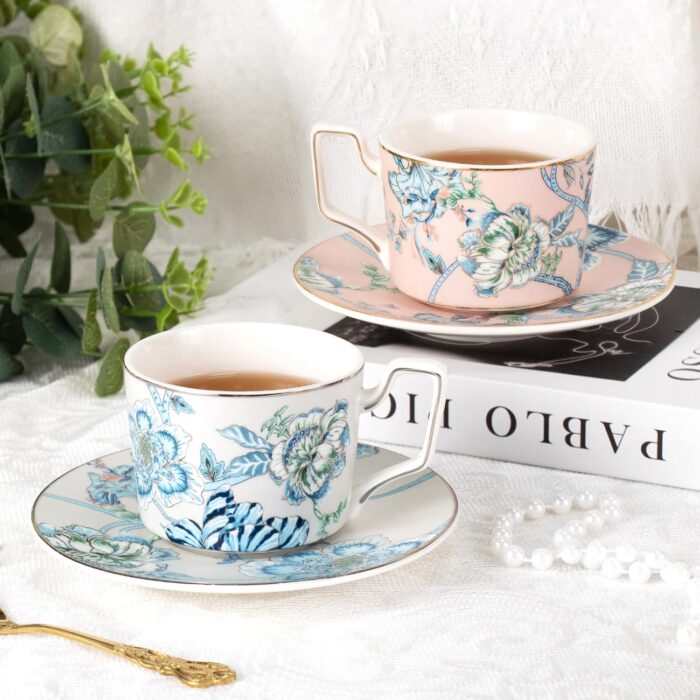 KAMMAK Tea Cups and Saucers Set of 2, Porcelain Coffee Cups, Stackable Espresso Mugs, Ceramic Demitasse for Coffee, Latte, Americano, Tea, Golden Pink + Platinum Blue KAMMAK Tea Cups and Saucers Set of 2, Porcelain Coffee Cups, Stackable Espresso Mugs, Ceramic Demitasse for Coffee, Latte, Americano, Tea, Golden Pink + Platinum Blue