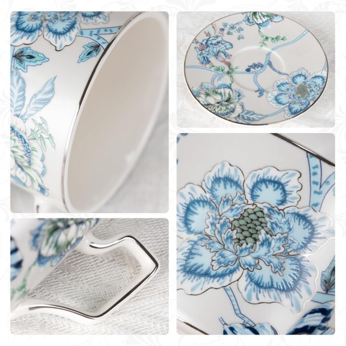 KAMMAK Tea Cups and Saucers Set of 2, Porcelain Coffee Cups, Stackable Espresso Mugs, Ceramic Demitasse for Coffee, Latte, Americano, Tea, Golden Pink + Platinum Blue