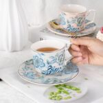 KAMMAK Tea Cups and Saucers Set of 2, Porcelain Coffee Cups, Stackable Espresso Mugs, Ceramic Demitasse for Coffee, Latte, Americano, Tea, Golden Pink + Platinum Blue