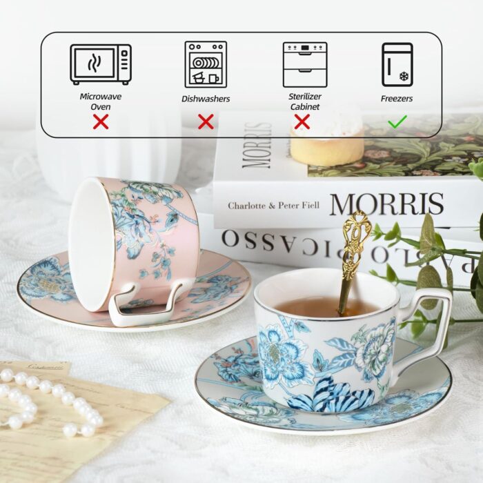 KAMMAK Tea Cups and Saucers Set of 2, Porcelain Coffee Cups, Stackable Espresso Mugs, Ceramic Demitasse for Coffee, Latte, Americano, Tea, Golden Pink + Platinum Blue