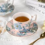KAMMAK Tea Cups and Saucers Set of 2, Porcelain Coffee Cups, Stackable Espresso Mugs, Ceramic Demitasse for Coffee, Latte, Americano, Tea, Golden Pink + Platinum Blue