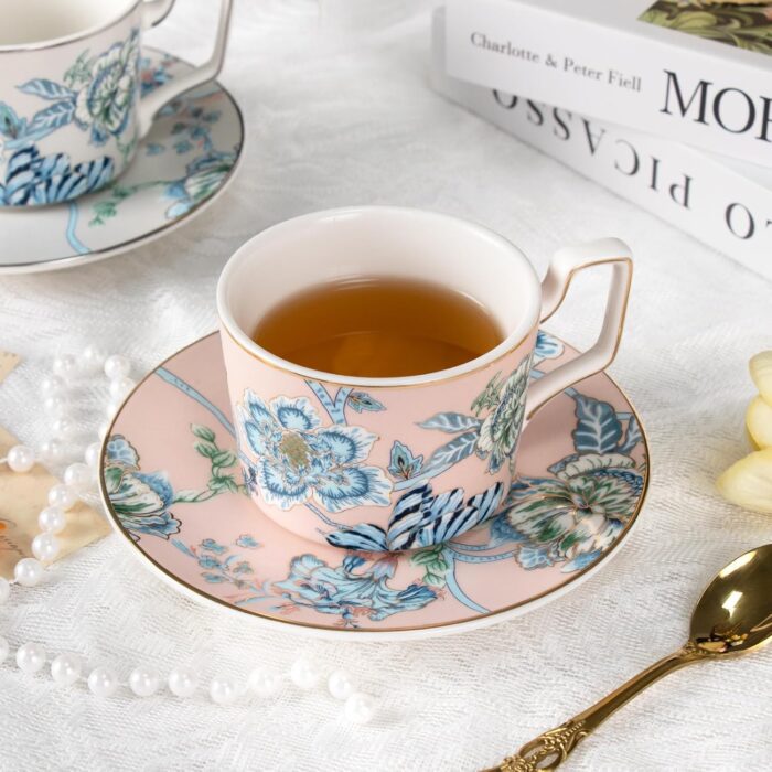KAMMAK Tea Cups and Saucers Set of 2, Porcelain Coffee Cups, Stackable Espresso Mugs, Ceramic Demitasse for Coffee, Latte, Americano, Tea, Golden Pink + Platinum Blue