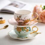 KAMMAK Tea Cups and Saucers Set of 2, Porcelain Coffee Cups, Stackable Espresso Mugs, Ceramic Demitasse for Coffee, Latte, Americano, Tea, Gradient - Pink + Blue