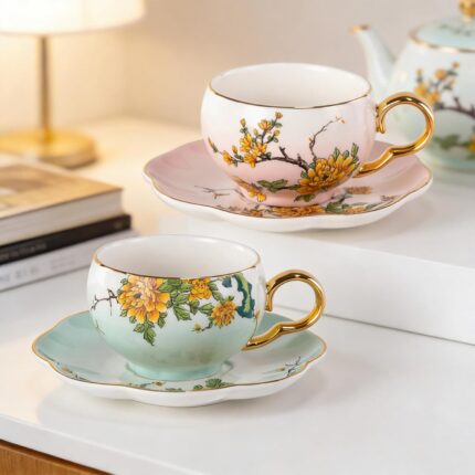 KAMMAK Tea Cups and Saucers Set of 2, Porcelain Coffee Cups, Stackable Espresso Mugs, Ceramic Demitasse for Coffee, Latte, Americano, Tea, Gradient - Pink + Blue