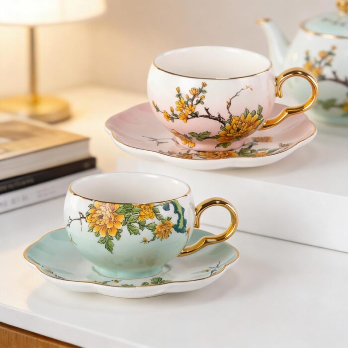 KAMMAK Tea Cups and Saucers Set of 2, Porcelain Coffee Cups, Stackable Espresso Mugs, Ceramic Demitasse for Coffee, Latte, Americano, Tea, Gradient Pink + Blue KAMMAK Tea Cups and Saucers Set of 2, Porcelain Coffee Cups, Stackable Espresso Mugs, Ceramic Demitasse for Coffee, Latte, Americano, Tea, Gradient - Pink + Blue