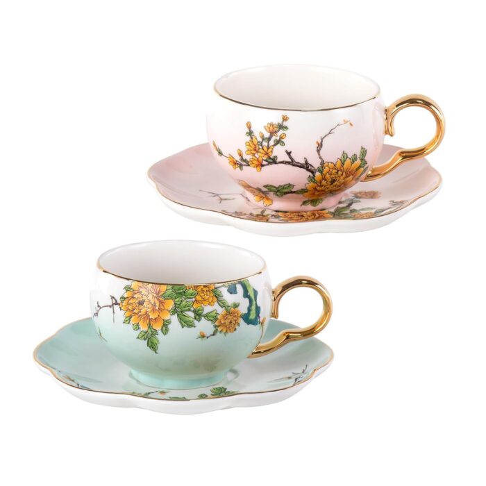 KAMMAK Tea Cups and Saucers Set of 2, Porcelain Coffee Cups, Stackable Espresso Mugs, Ceramic Demitasse for Coffee, Latte, Americano, Tea, Gradient - Pink + Blue
