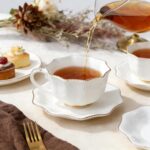 KAMMAK Tea Cups and Saucers Set of 2, Porcelain Coffee Cups with Saucers, Ceramic Espresso Mugs for Coffee, Latte, Americano, Tea, 7oz Elegant Teacup and Saucer (YFH4)