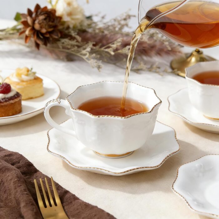 KAMMAK Tea Cups and Saucers Set of 2, Porcelain Coffee Cups with Saucers, Ceramic Espresso Mugs for Coffee, Latte, Americano, Tea, 7oz Elegant Teacup and Saucer (YFH4)