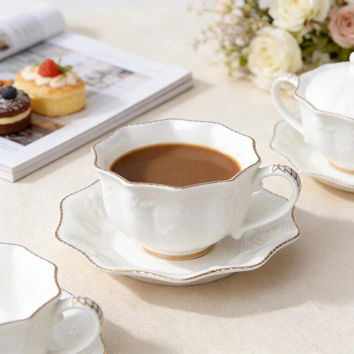 KAMMAK Tea Cups and Saucers Set of 2, Porcelain Coffee Cups with Saucers, Ceramic Espresso Mugs for Coffee, Latte, Americano, Tea, 7oz Elegant Teacup and Saucer (YFH4)