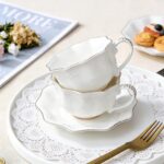 KAMMAK Tea Cups and Saucers Set of 2, Porcelain Coffee Cups with Saucers, Ceramic Espresso Mugs for Coffee, Latte, Americano, Tea, 7oz Elegant Teacup and Saucer (YFH4)