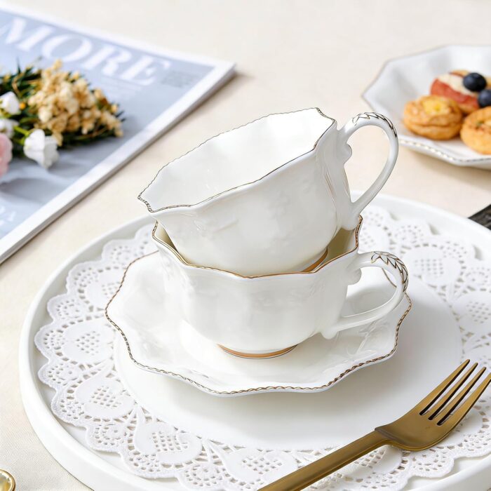 KAMMAK Tea Cups and Saucers Set of 2, Porcelain Coffee Cups with Saucers, Ceramic Espresso Mugs for Coffee, Latte, Americano, Tea, 7oz Elegant Teacup and Saucer (YFH4)