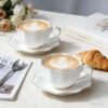 KAMMAK Tea Cups and Saucers Set of 2, Porcelain Coffee Cups with Saucers, Ceramic Espresso Mugs for Coffee, Latte, Americano, Tea, 7oz Elegant Teacup and Saucer (YFH4) KAMMAK 8CZYFH004 ceramic cup and saucer front view for product display