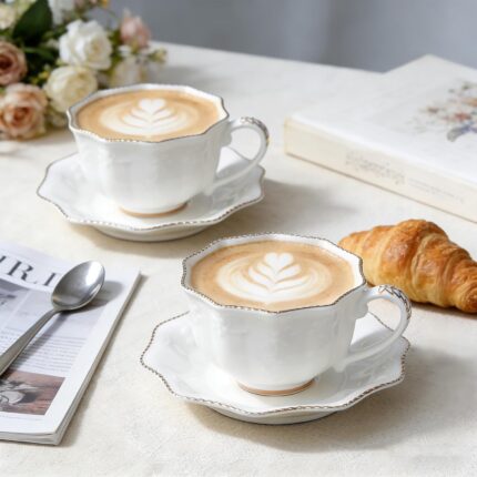 KAMMAK Tea Cups and Saucers Set of 2, Porcelain Coffee Cups with Saucers, Ceramic Espresso Mugs for Coffee, Latte, Americano, Tea, 7oz Elegant Teacup and Saucer (YFH4)