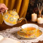 KAMMAK Tea for One, Porcelain Teapot and Cup Set, Yellow Tea Pot and Saucers Set, Ceramic Tea Set for Tea Party, Office and Home, Tea Cups and Saucer Set for Coffee, Cappuccino,...