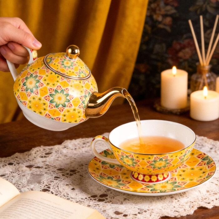 KAMMAK Tea for One, Porcelain Teapot and Cup Set, Yellow Tea Pot and Saucers Set, Ceramic Tea Set for Tea Party, Office and Home, Tea Cups and Saucer Set for Coffee, Cappuccino,...