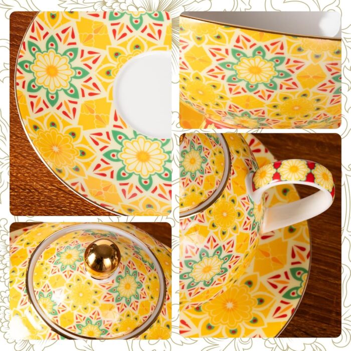 KAMMAK Tea for One, Porcelain Teapot and Cup Set, Yellow Tea Pot and Saucers Set, Ceramic Tea Set for Tea Party, Office and Home, Tea Cups and Saucer Set for Coffee, Cappuccino,...