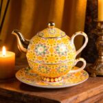 KAMMAK Tea for One, Porcelain Teapot and Cup Set, Yellow Tea Pot and Saucers Set, Ceramic Tea Set for Tea Party, Office and Home, Tea Cups and Saucer Set for Coffee, Cappuccino,...