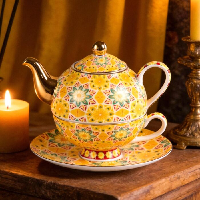 KAMMAK Tea for One, Porcelain Teapot and Cup Set, Yellow Tea Pot and Saucers Set, Ceramic Tea Set for Tea Party, Office and Home, Tea Cups and Saucer Set for Coffee, Cappuccino,...