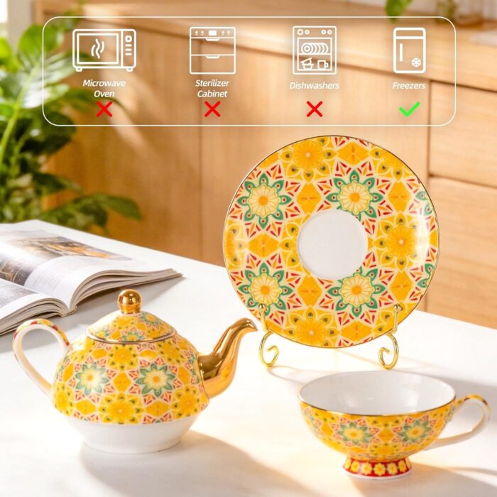 KAMMAK Tea for One, Porcelain Teapot and Cup Set, Yellow Tea Pot and Saucers Set, Ceramic Tea Set for Tea Party, Office and Home, Tea Cups and Saucer Set for Coffee, Cappuccino,...
