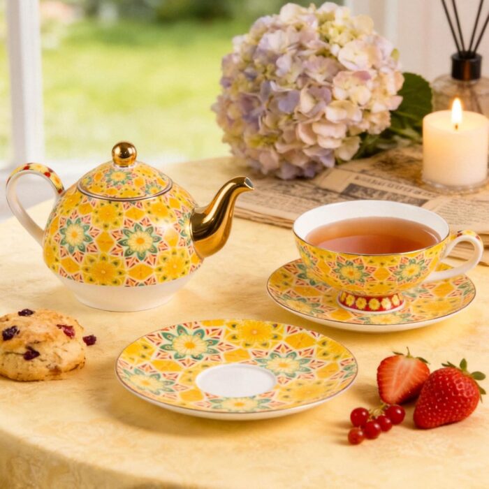 KAMMAK Tea for One, Porcelain Teapot and Cup Set, Yellow Tea Pot and Saucers Set, Ceramic Tea Set for Tea Party, Office and Home, Tea Cups and Saucer Set for Coffee, Cappuccino,...