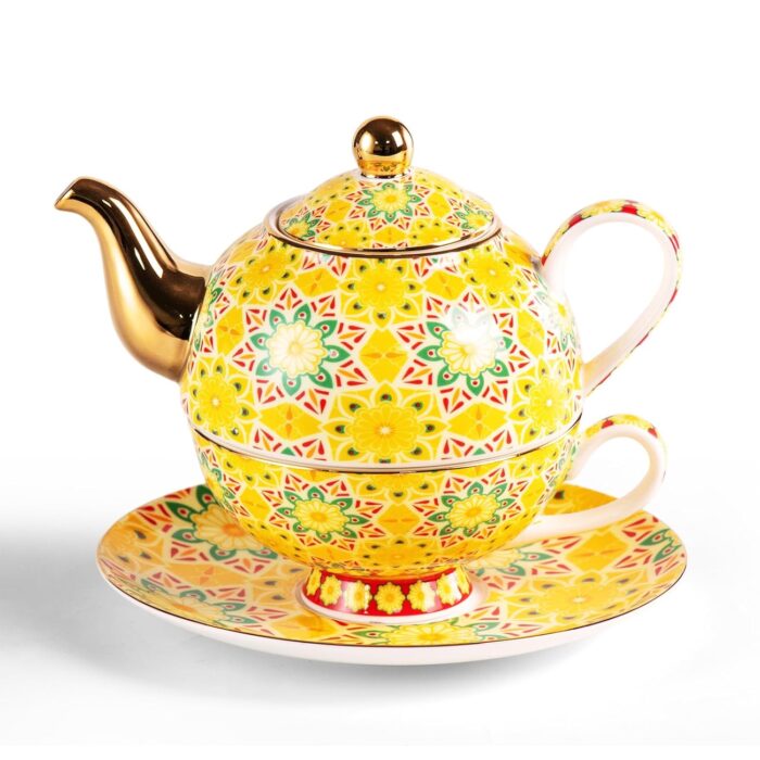 KAMMAK Tea for One, Porcelain Teapot and Cup Set, Yellow Tea Pot and Saucers Set, Ceramic Tea Set for Tea Party, Office and Home, Tea Cups and Saucer Set for Coffee, Cappuccino,...