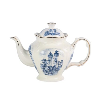 KAMMAK Teapot with Handle, Vintage Porcelain Tea Pot with Gold Trim, Blooming & Loose Leaf Teapot, Festive Holiday Serveware, Gifts for Women, Vintage Blue - 33 oz