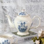 KAMMAK Teapot with Handle, Vintage Porcelain Tea Pot with Gold Trim, Blooming & Loose Leaf Teapot, Festive Holiday Serveware, Gifts for Women, Vintage Blue - 33 oz
