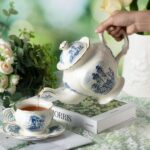 KAMMAK Teapot with Handle, Vintage Porcelain Tea Pot with Gold Trim, Blooming & Loose Leaf Teapot, Festive Holiday Serveware, Gifts for Women, Vintage Blue - 33 oz
