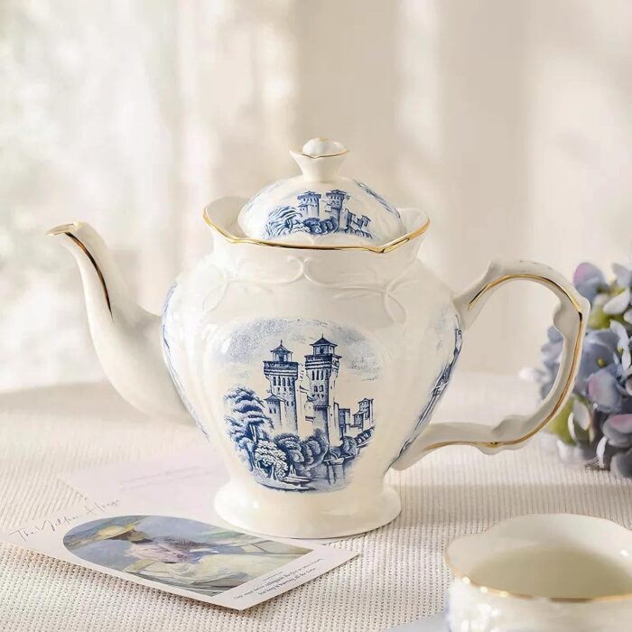 KAMMAK Teapot with Handle, Vintage Porcelain Tea Pot with Gold Trim, Blooming & Loose Leaf Teapot, Festive Holiday Serveware, Gifts for Women, Vintage Blue - 33 oz