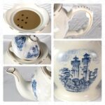 KAMMAK Teapot with Handle, Vintage Porcelain Tea Pot with Gold Trim, Blooming & Loose Leaf Teapot, Festive Holiday Serveware, Gifts for Women, Vintage Blue - 33 oz