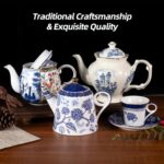 KAMMAK Teapot with Handle, Vintage Porcelain Tea Pot with Gold Trim, Blooming & Loose Leaf Teapot, Festive Holiday Serveware, Gifts for Women, Vintage Blue - 33 oz