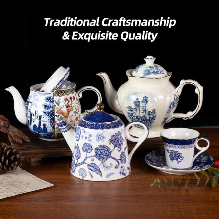 KAMMAK Teapot with Handle, Vintage Porcelain Tea Pot with Gold Trim, Blooming & Loose Leaf Teapot, Festive Holiday Serveware, Gifts for Women, Vintage Blue - 33 oz