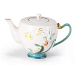 KAMMAK Teapot with Handle, Vintage Porcelain Tea Pot with Gold Trim, Blooming & Loose Leaf Teapot, Festive Holiday Serveware, Gifts for Women, Relief - 27 oz