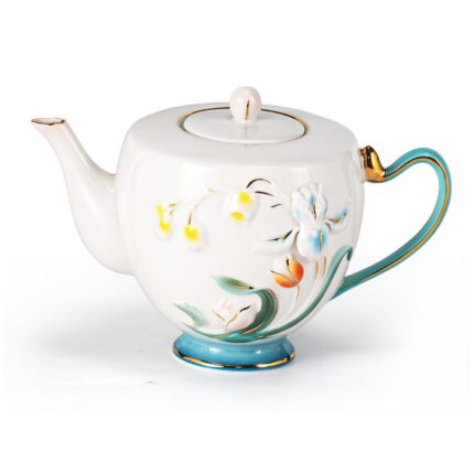 KAMMAK Teapot with Handle, Vintage Porcelain Tea Pot with Gold Trim, Blooming & Loose Leaf Teapot, Festive Holiday Serveware, Gifts for Women, Relief - 27 oz