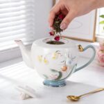 KAMMAK Teapot with Handle, Vintage Porcelain Tea Pot with Gold Trim, Blooming & Loose Leaf Teapot, Festive Holiday Serveware, Gifts for Women, Relief - 27 oz