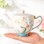 KAMMAK Teapot with Handle, Vintage Porcelain Tea Pot with Gold Trim, Blooming & Loose Leaf Teapot, Festive Holiday Serveware, Gifts for Women, Relief - 27 oz