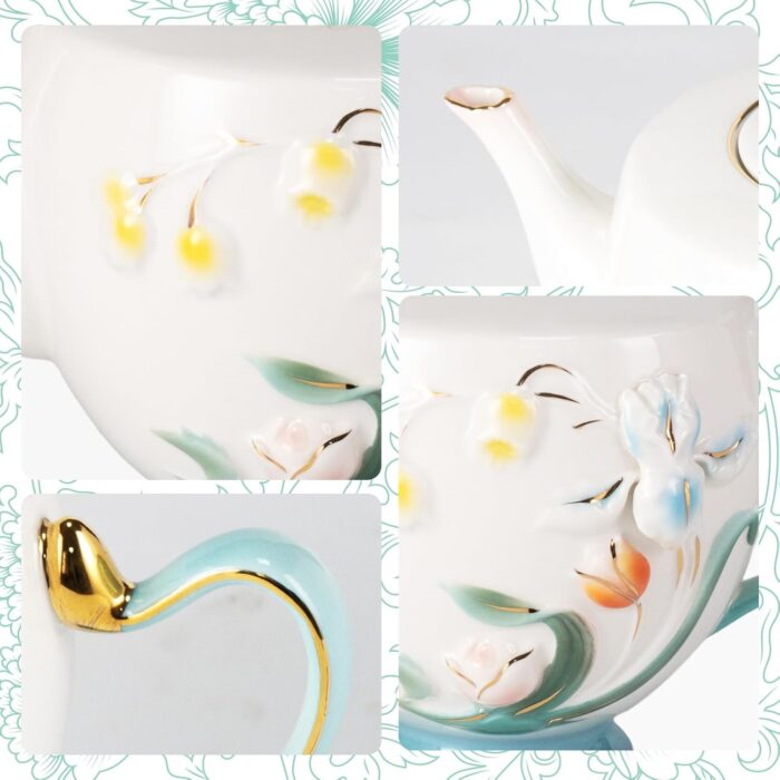 KAMMAK Teapot with Handle, Vintage Porcelain Tea Pot with Gold Trim, Blooming & Loose Leaf Teapot, Festive Holiday Serveware, Gifts for Women, Relief - 27 oz
