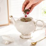 KAMMAK Teapot with Handle, Vintage Porcelain Tea Pot with Gold Trim, Blooming & Loose Leaf Teapot, Festive Holiday Serveware, Gifts for Women, Rose - 37 oz