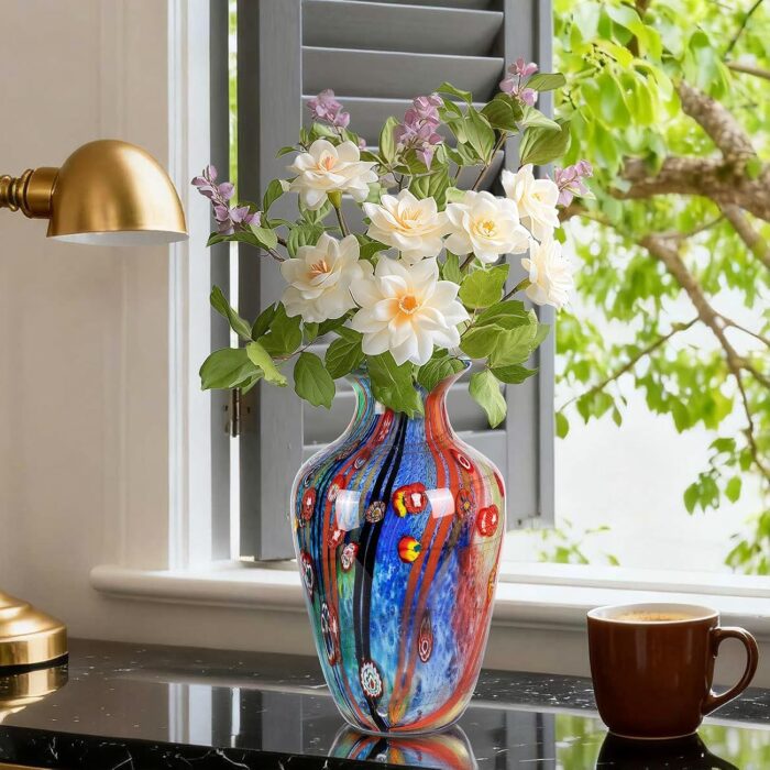 Colored Glass Flower Vase, Beautiful Hand Blown Decorative Vase, Modern Art Decorative for Home Living Room, Office, Table Centerpieces, Bookshelves and Wedding Decorations （JG43）