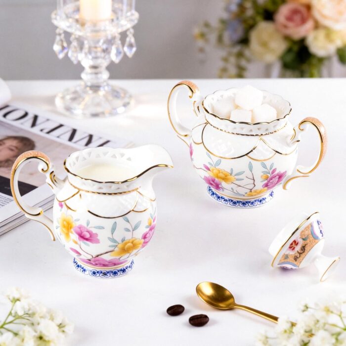 KAMMAK Ceramic Creamer and Sugar Set, Creamer Pitcher and Sugar Container, White Cream & Sugar Sets for Coffee Milk Sauces Salad, Sugar Bowl with Lid for Coffee Bar, Porcelain...