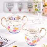 KAMMAK Ceramic Creamer and Sugar Set, Creamer Pitcher and Sugar Container, White Cream & Sugar Sets for Coffee Milk Sauces Salad, Sugar Bowl with Lid for Coffee Bar, Porcelain...