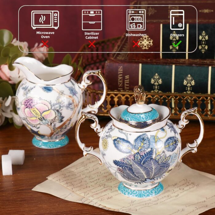 KAMMAK Ceramic Creamer and Sugar Set, Creamer Pitcher and Sugar Container, White Cream & Sugar Sets for Coffee Milk Sauces Salad, Sugar Bowl with Lid for Coffee Bar, Porcelain...