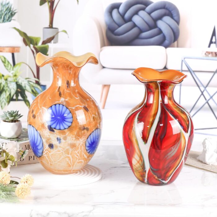 KAMMAK Colored Glass Vase, Beautiful Hand Blown Decorative Vase, Modern Art Vase for Flower Mantle Dining Table Centerpiece, Entryway Living Room Wedding Decoration, 8HPFH02044 KAMMAK 8HPFH02044 glass vase close-up material texture detail image 4
