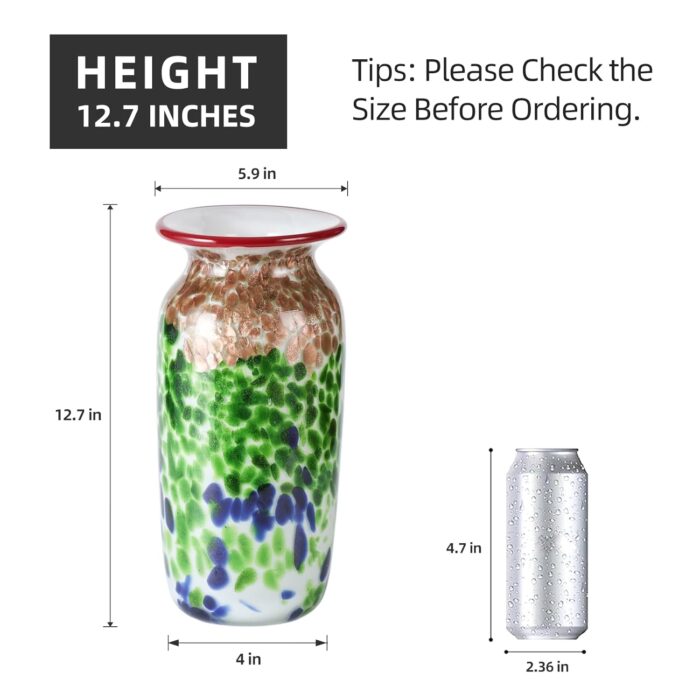 KAMMAK Colored Glass Vase, Beautiful Hand Blown Decorative Vase, Modern Art Vase for Flower Mantle Dining Table Centerpiece, Entryway Living Room Wedding Decoration, 8HPFH02046 KAMMAK 8HPFH02046 glass vase shape and proportion detail image 3